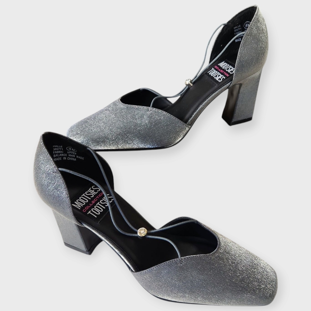 Mootsies Tootsies Halle Satin Fabric Silver/Gray Y2K Square Toe  Heels Size 8M